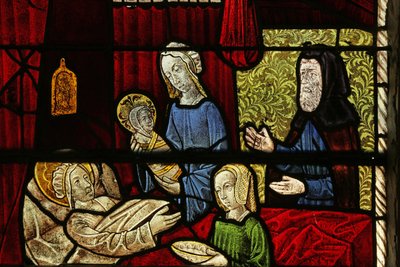 Vidriera que representa el Nacimiento de la Virgen María de French School